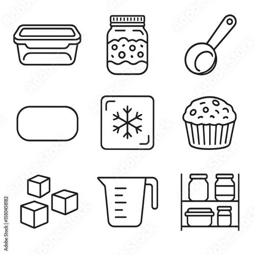 Breakfast Meal Icons. Line style icons of Breakfast Meal Prep: glass meal box, overnight oats jar, portion scoop, day label