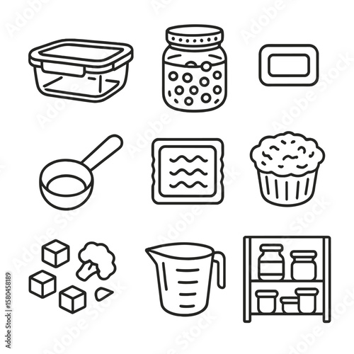 Breakfast Meal Icons. Line style icons of Breakfast Meal Prep: glass meal box, overnight oats jar, portion scoop, day label