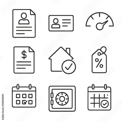 Loan Process Icons. Line style icons of Loan Application Process: application form, ID card, credit score gauge, income document,