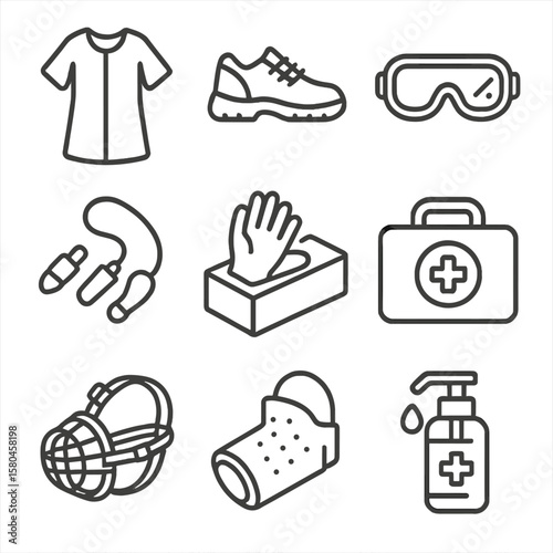 Grooming Safety Icons. Line style icons of Grooming Safety Gear: grooming smock, non-slip shoes, safety goggles, ear protection