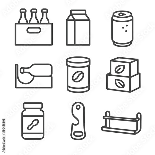 Beverage Storage Icons. Line style icons of Beverage Shelf Storage: glass bottle crate, juice carton, sparkling water can, wine