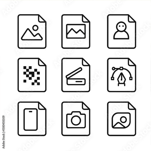 Image File Icons. Line style icons of Image File Extensions: .jpg photo, .png picture, .gif animation, .bmp bitmap, .tiff scan,
