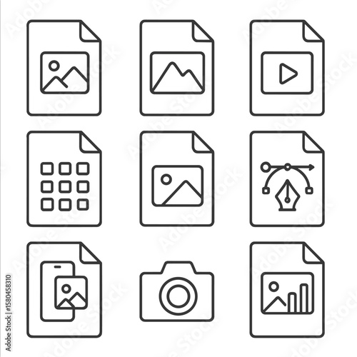 Image File Icons. Line style icons of Image File Extensions: .jpg photo, .png picture, .gif animation, .bmp bitmap, .tiff scan,