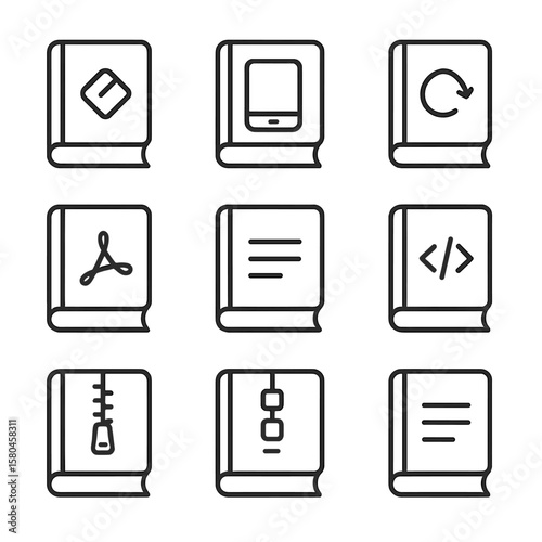 Ebook Format Icons. Line style icons of Ebook Formats: .epub book, .mobi kindle, .azw amazon, .pdf ebook, .txt plain text, .html