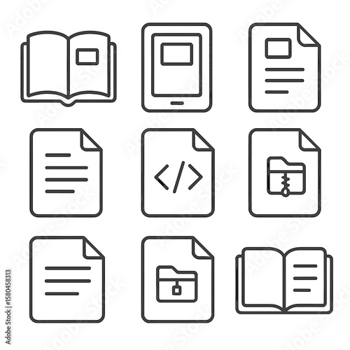 Ebook Format Icons. Line style icons of Ebook Formats: .epub book, .mobi kindle, .azw amazon, .pdf ebook, .txt plain text, .html