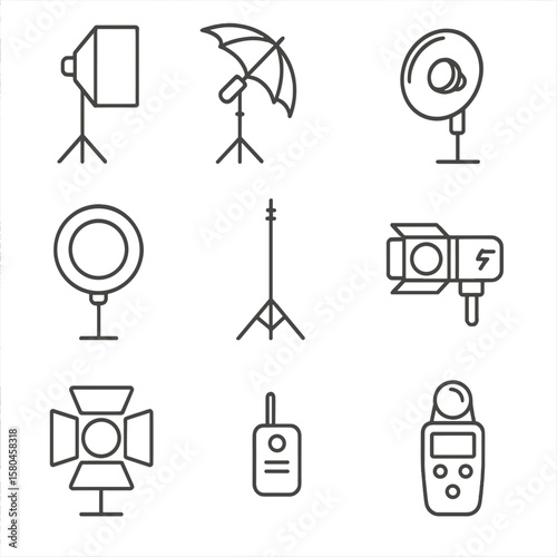 Photography Lighting Icons. Line style icons of Photography Studio Lighting: softbox, umbrella reflector, beauty dish, ring light,