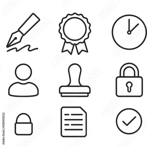 Digital Signature Icons. Line style icons of Digital Signature Workflow: sign pen tip, signature line, certificate badge,