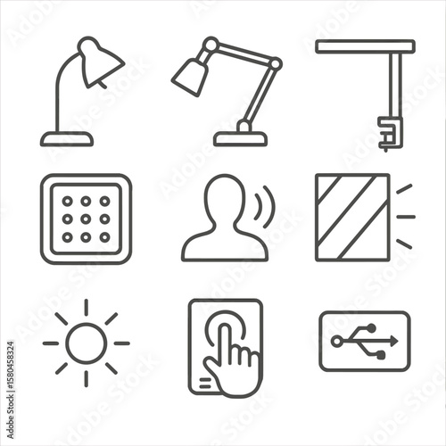 Office Task Lighting Icons. Line style icons of Office Task Lighting: desk lamp, adjustable arm, clamp mount, LED panel, occupancy
