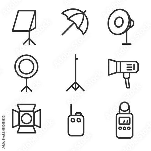 Photography Lighting Icons. Line style icons of Photography Studio Lighting: softbox, umbrella reflector, beauty dish, ring light,