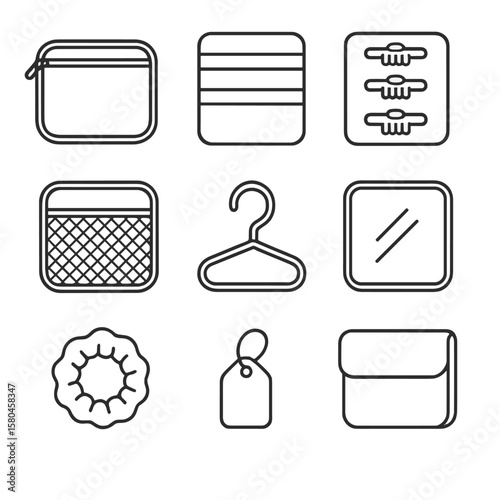 Hair Accessory Organizer Icons. Line style icons of Hair Accessory Storage Bag: zip pouch, elastic band slots, clip organizer