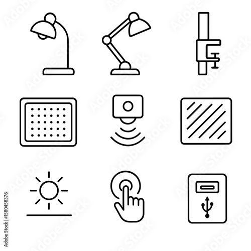 Office Task Lighting Icons. Line style icons of Office Task Lighting: desk lamp, adjustable arm, clamp mount, LED panel, occupancy