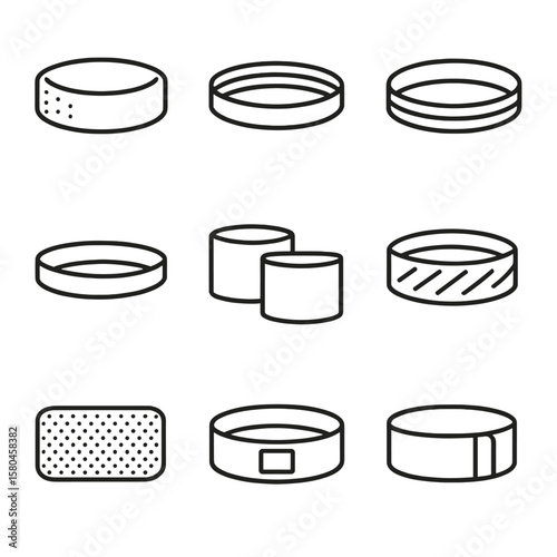 Sport Sweatband Icons. Line style icons of Sport Sweatbands: terry cloth headband, silicone grip band, reflective run band, yoga