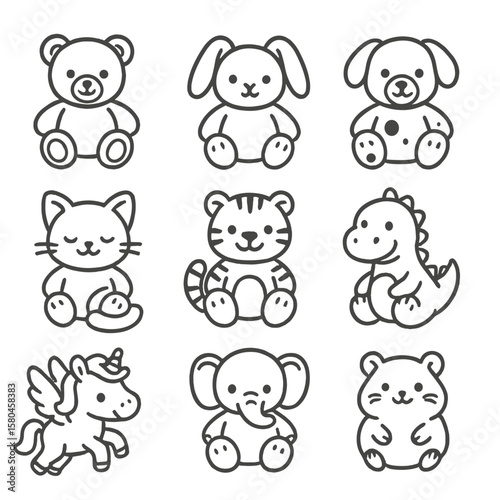 Line Style Animal Icons. Line style icons of Plush Animal Friends: teddy bear, floppy bunny, spotted puppy, sleepy kitten, striped