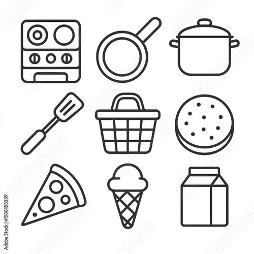 Toy Kitchen Icons. Line style icons of Pretend Kitchen Set: toy stove, frying pan, cooking pot, spatula, food basket, hamburger
