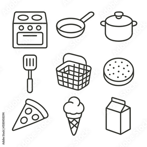 Toy Kitchen Icons. Line style icons of Pretend Kitchen Set: toy stove, frying pan, cooking pot, spatula, food basket, hamburger