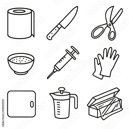 Meat Preparation Tools. Line style icons of Meat Preparation Station: butcher paper roll, trimming knife, boning shears, spice rub
