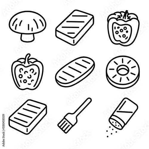 Vegetarian BBQ Icons. Line style icons of Vegetarian BBQ Favorites: portobello cap, halloumi slab, corn cob, stuffed bell pepper,