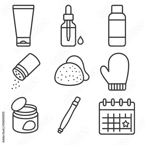 Exfoliation Line Icons. Line style icons of Exfoliation Essentials: facial scrub tube, AHA serum dropper, BHA toner bottle, enzyme