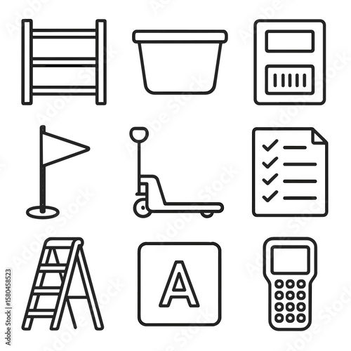 Stockroom Icons. Line style icons of Stockroom Organization: shelving rack, tote bin, product SKU card, reorder point flag, pallet