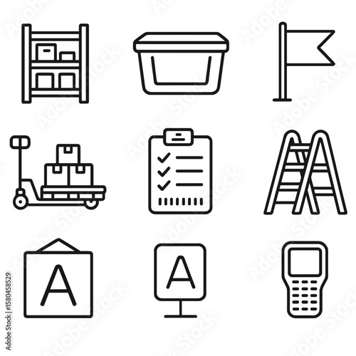 Stockroom Icons. Line style icons of Stockroom Organization: shelving rack, tote bin, product SKU card, reorder point flag, pallet