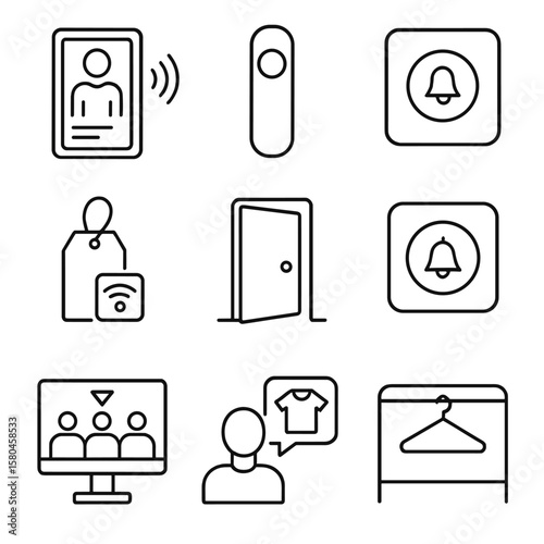 Fitting Room Icon Set. Line style icons of Fitting Room Tech: smart mirror, occupancy light, size request button, RFID garment tag