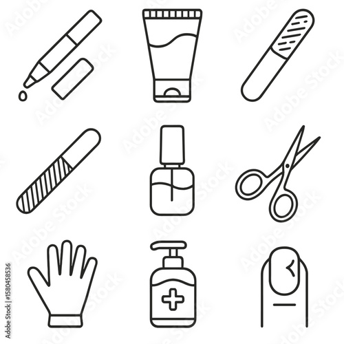 Hand and Nail Icons. Line style icons of Hand & Nail Care: cuticle oil pen, moisturizing hand cream, nail file, glass buffer, nail