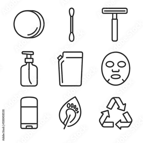 Sustainable Beauty Icons. Line style icons of Sustainable Beauty Swaps: bamboo cotton round, reusable swab, metal razor, glass