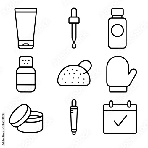 Exfoliation Line Icons. Line style icons of Exfoliation Essentials: facial scrub tube, AHA serum dropper, BHA toner bottle, enzyme