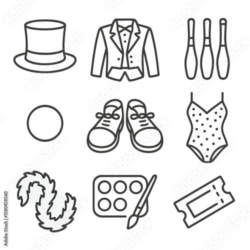 Circus Performer Icons. Line style icons of Circus Performer Costume: ringmaster top hat, red tailcoat, juggling pins, clown nose,