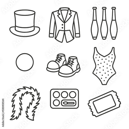 Circus Performer Icons. Line style icons of Circus Performer Costume: ringmaster top hat, red tailcoat, juggling pins, clown nose,