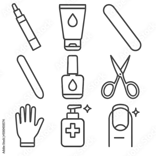 Hand and Nail Icons. Line style icons of Hand & Nail Care: cuticle oil pen, moisturizing hand cream, nail file, glass buffer, nail