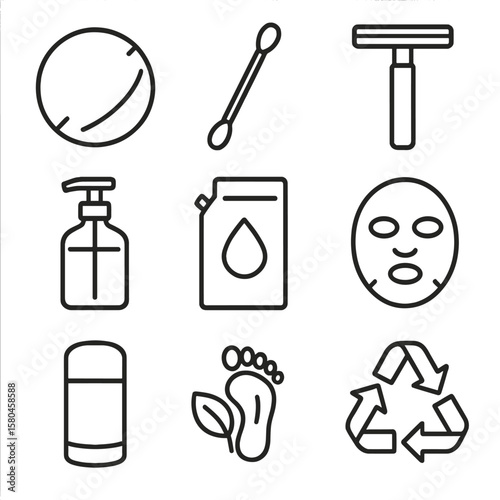 Sustainable Beauty Icons. Line style icons of Sustainable Beauty Swaps: bamboo cotton round, reusable swab, metal razor, glass