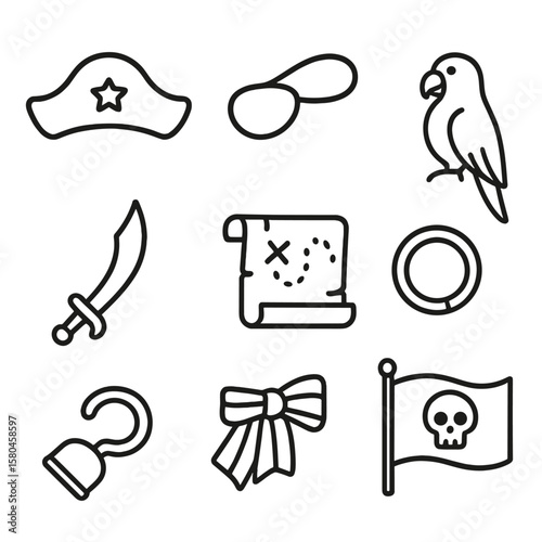Pirate Adventure Icons. Line style icons of Pirate Adventure Attire: tricorn hat, eyepatch, hook hand, parrot shoulder, cutlass