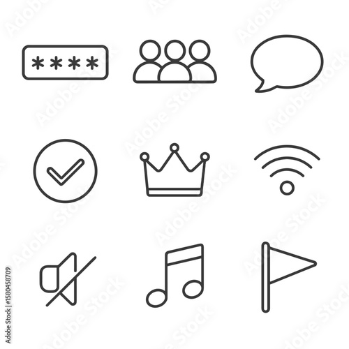 Online Quiz Icons. Line style icons of Online Quiz Lobby: room code box, waiting avatar row, chat bubble, ready checkmark, host