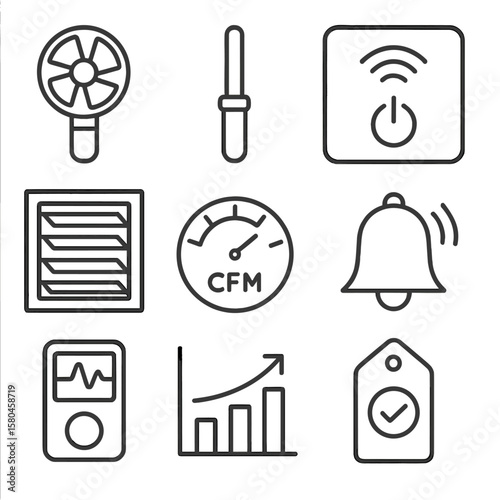 Ventilation Monitoring Icons. Line style icons of Ventilation Performance Monitoring: airflow anemometer, temperature probe, smart