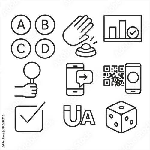 Answer Method Icons. Line style icons of Answer Selection Methods: A-B-C-D buttons, buzzer slap hand, zoom poll bar, raised paddle