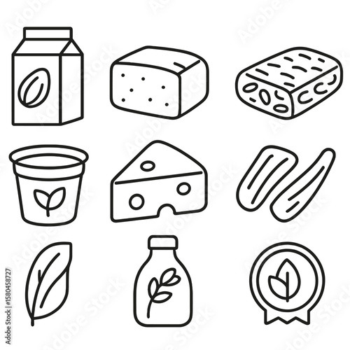Plant-Based Icons Collection. Line style icons of Plant-Based Alternatives: almond milk carton, tofu block, veggie burger patty,