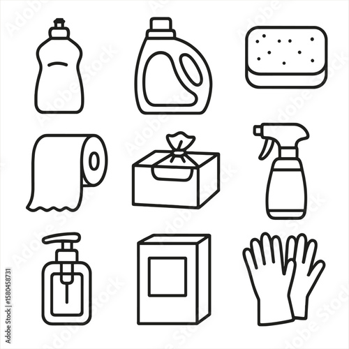Cleaning Essentials Icons. Line style icons of Cleaning & Essentials Aisle: dish soap bottle, laundry detergent jug, sponge pad,