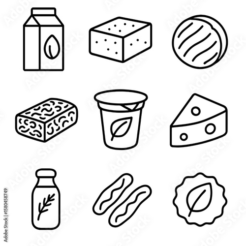 Plant-Based Icons Collection. Line style icons of Plant-Based Alternatives: almond milk carton, tofu block, veggie burger patty,