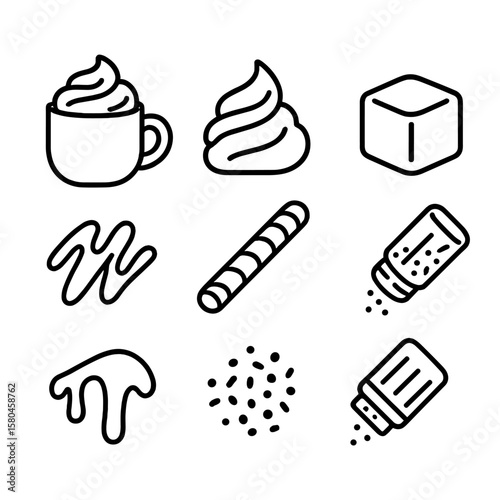 Hot Chocolate Toppings. Line style icons of Hot Chocolate Toppings: cocoa mug, whipped swirl, marshmallow cube, chocolate shaving,