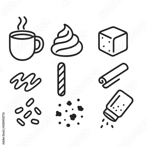 Hot Chocolate Toppings. Line style icons of Hot Chocolate Toppings: cocoa mug, whipped swirl, marshmallow cube, chocolate shaving,