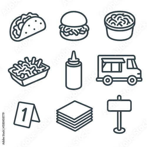 Food Truck Icons. Line style icons of Food Truck Lunch Break: taco shell, pulled pork slider, coleslaw cup, loaded fries tray,
