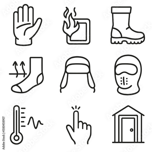 Frostbite Prevention Icons. Line style icons of Frostbite Prevention: layered glove icon, chemical hand warmer, waterproof boot,