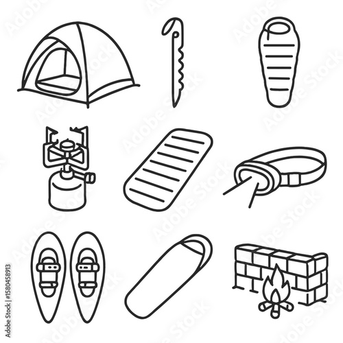 Winter Camping Essentials. Line style icons of Winter Camping Setup: four-season tent, snow stake, thermal sleeping bag, camp
