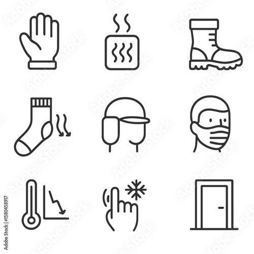 Frostbite Prevention Icons. Line style icons of Frostbite Prevention: layered glove icon, chemical hand warmer, waterproof boot,