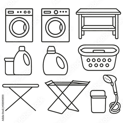 Laundry Room Essentials. Line style icons of Laundry Room Setup: front-load washer, front-load dryer, folding station, laundry