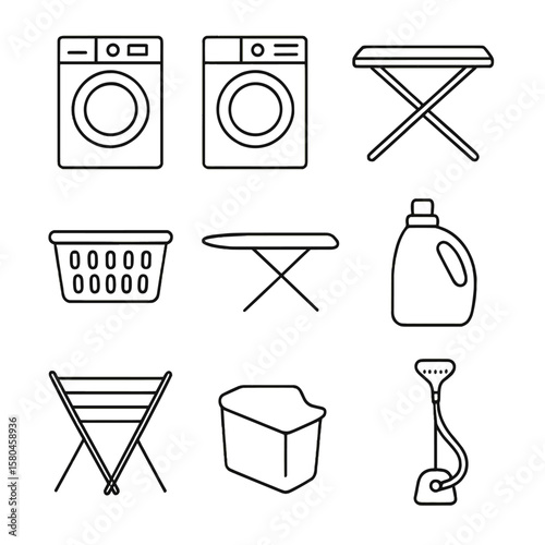 Laundry Room Essentials. Line style icons of Laundry Room Setup: front-load washer, front-load dryer, folding station, laundry
