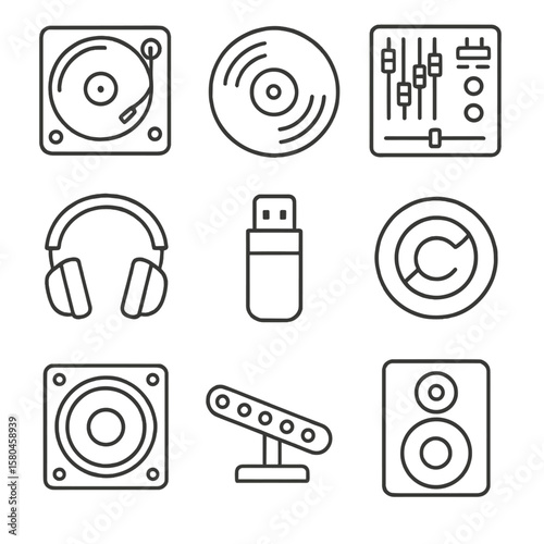 DJ Equipment Icons. Line style icons of DJ Performance Rig: turntable platter, slipmat vinyl, DJ mixer crossfader, cue headphones,
