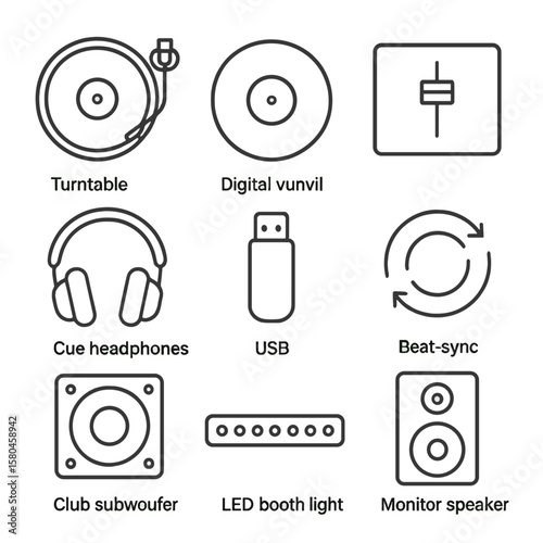 DJ Equipment Icons. Line style icons of DJ Performance Rig: turntable platter, slipmat vinyl, DJ mixer crossfader, cue headphones,