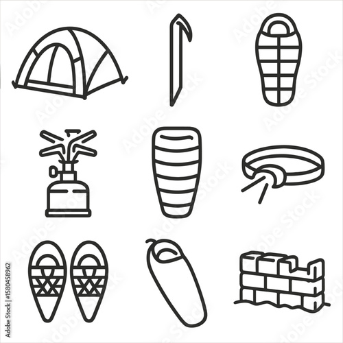 Winter Camping Essentials. Line style icons of Winter Camping Setup: four-season tent, snow stake, thermal sleeping bag, camp